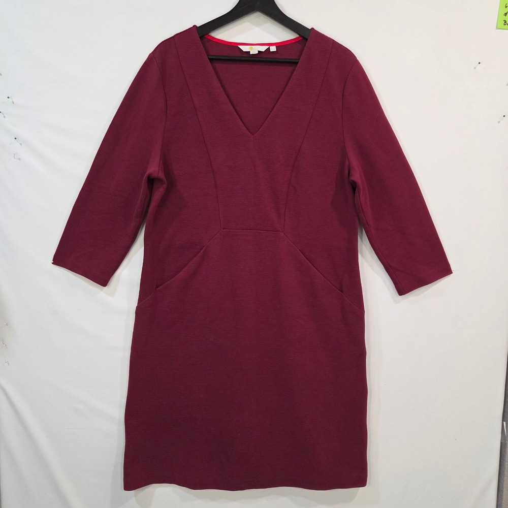Boden Womens Burgundy Ribbed Shift Dress 14R V Neck Pockets 3/4 Sleeve Work